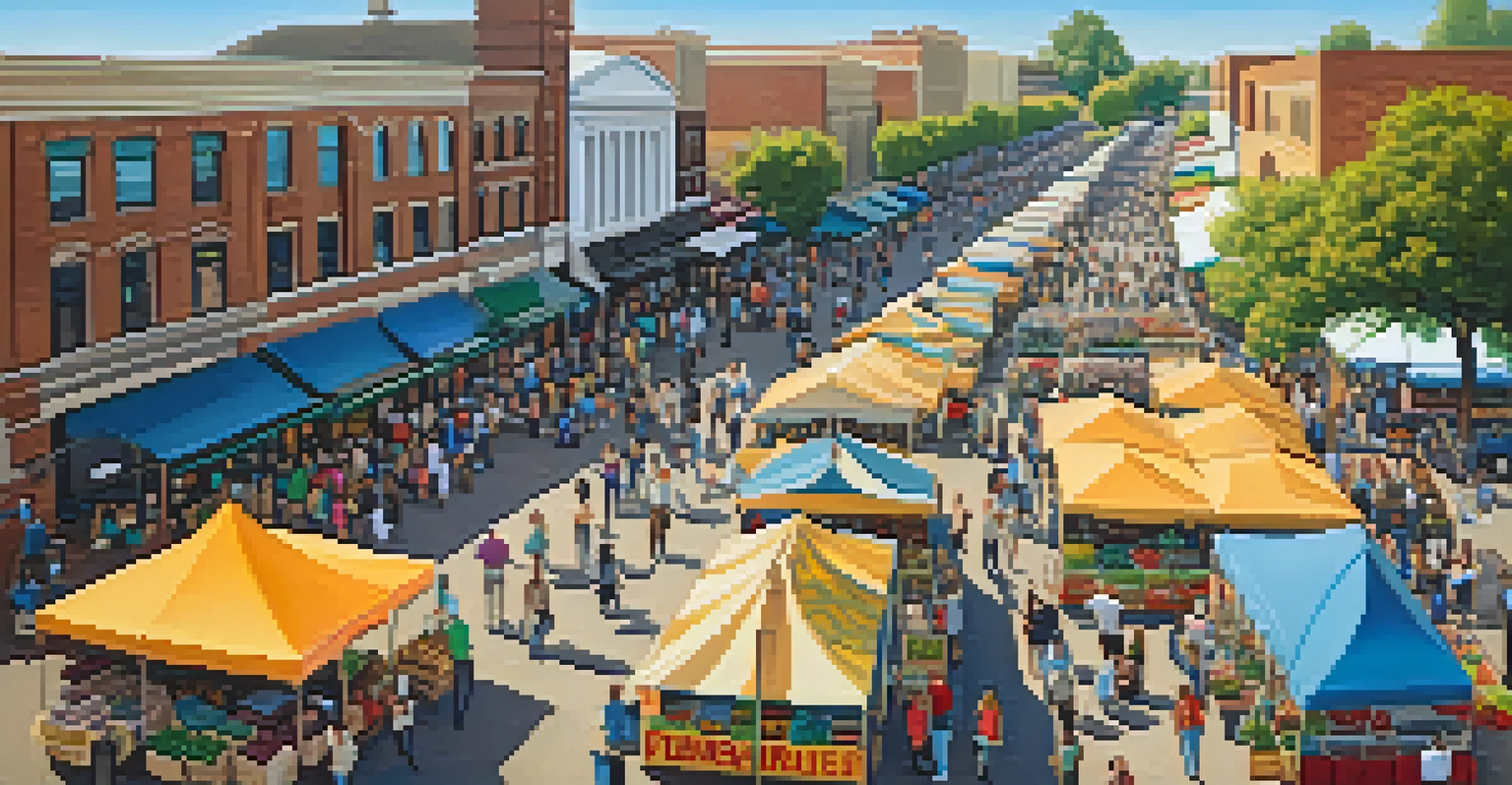 Aerial view of a lively farmers' market in Sacramento, filled with colorful produce and a diverse crowd of people.