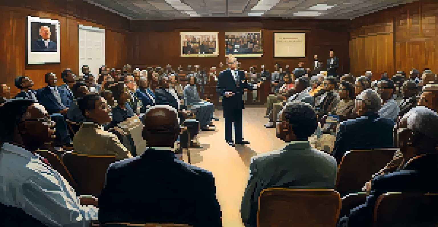 Dr. William M. Land speaking at a community forum in Sacramento, surrounded by an engaged audience and historical civil rights banners.