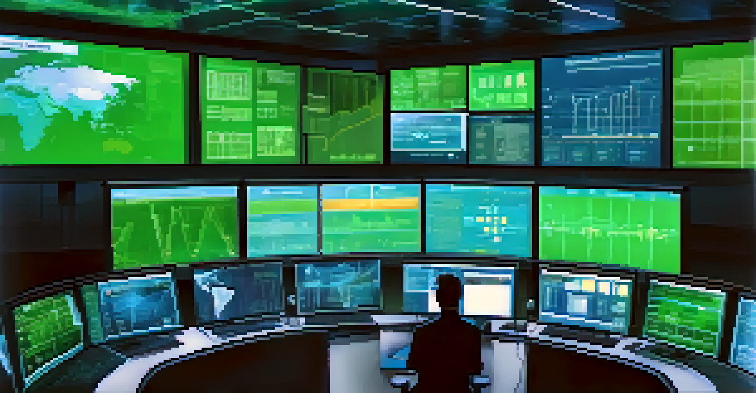 A high-tech control room for a smart grid, showcasing operators and screens with energy data and renewable sources.