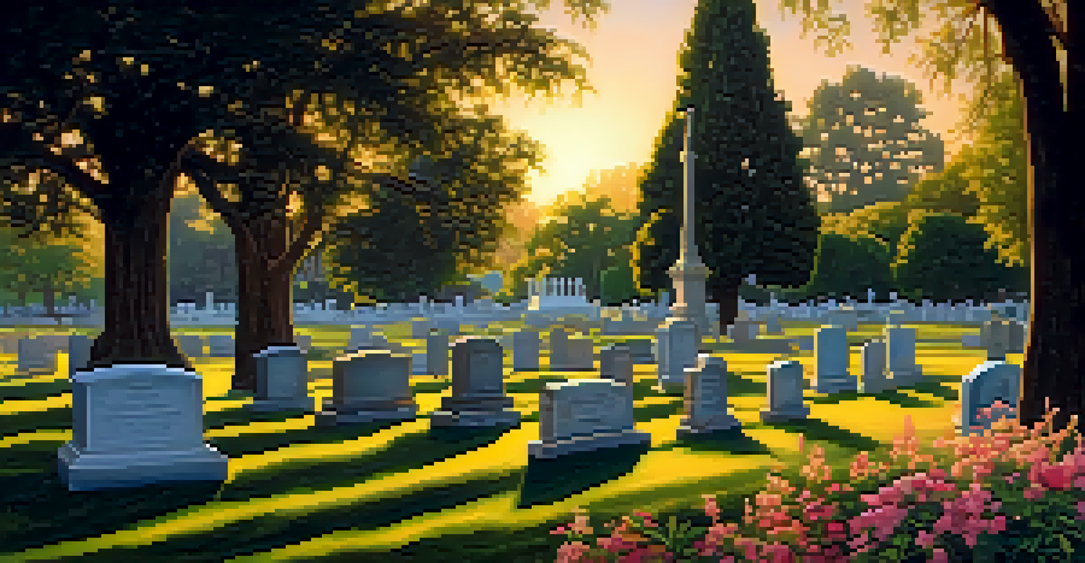 A tranquil cemetery landscape featuring lush gardens and mature trees under a sunset sky.
