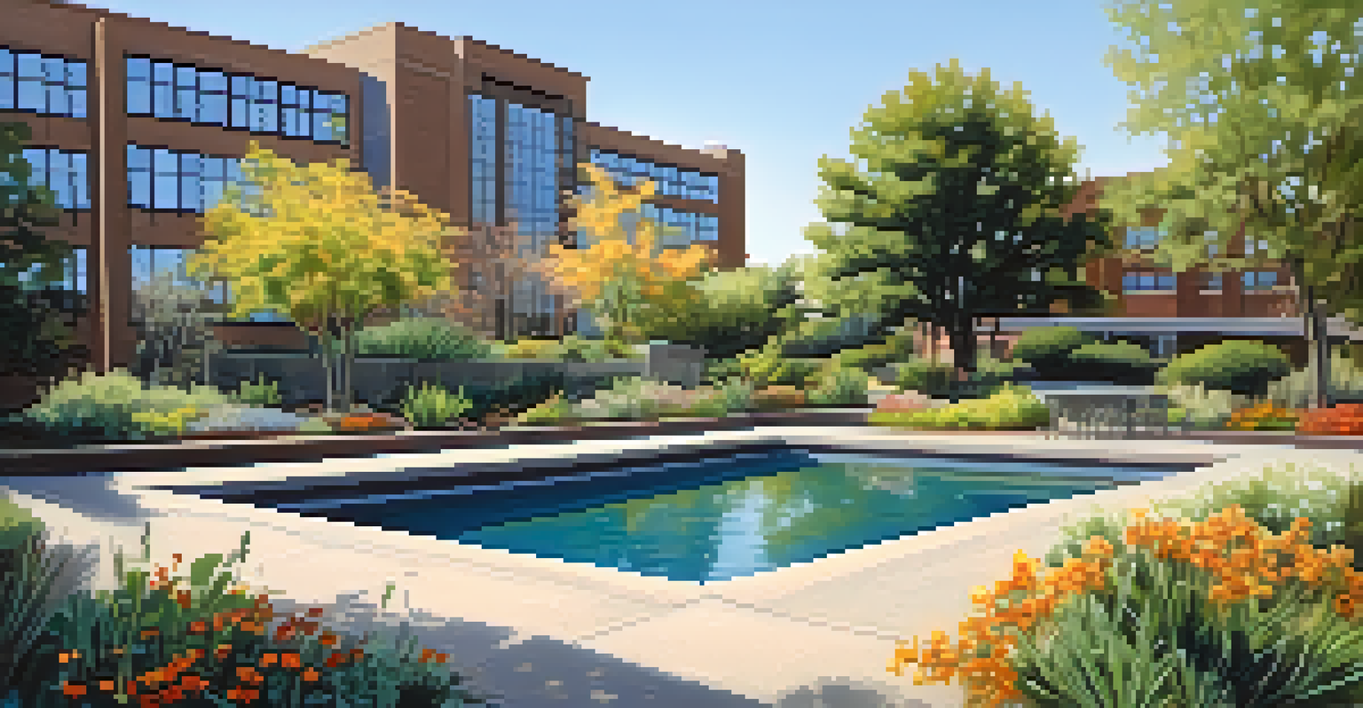 An urban garden in Sacramento with native plants, a water feature, and modern buildings in the background under a clear sky.