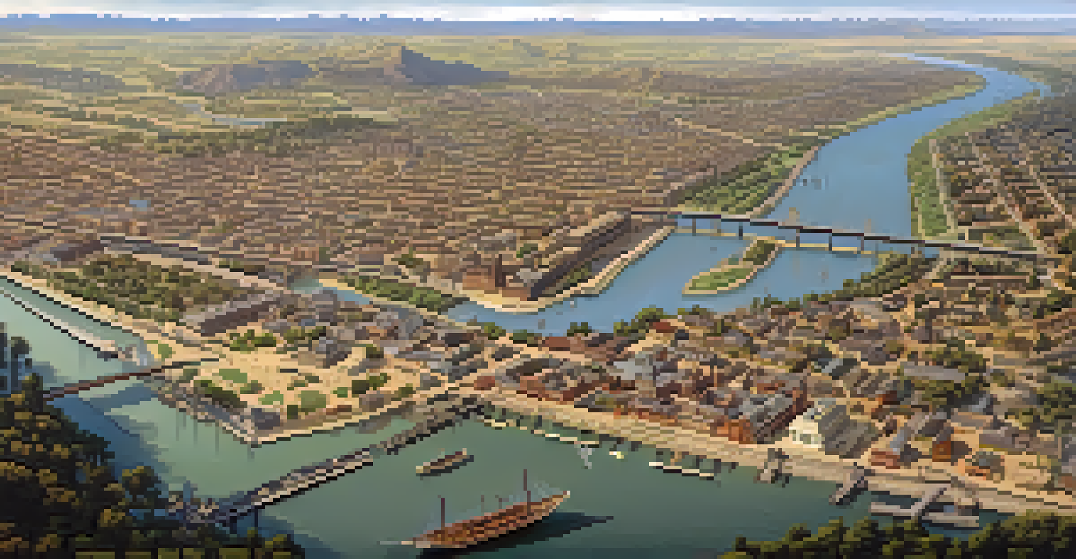 An aerial view of mid-1800s Sacramento, showing the river as a trade route with boats, roads, and buildings, surrounded by greenery during the Gold Rush.