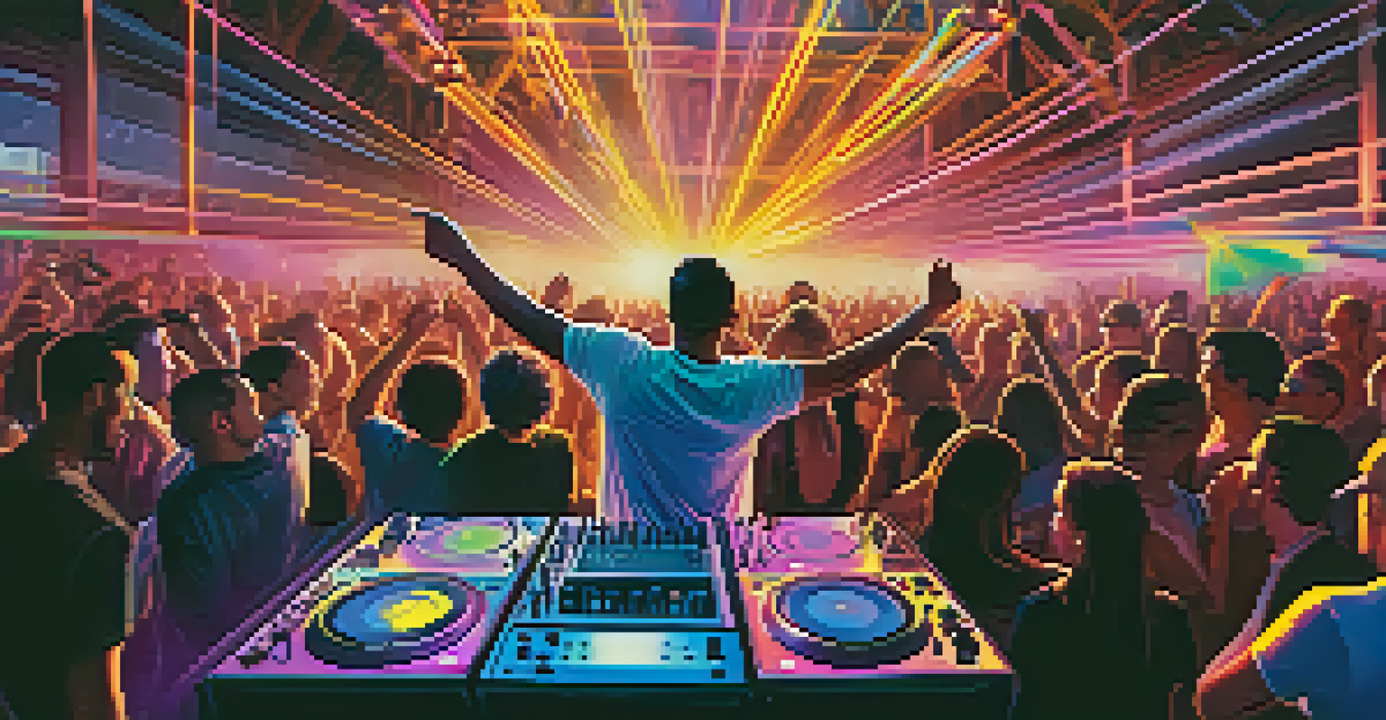A dynamic nightclub in Sacramento with people dancing under colorful neon lights and a DJ performing on stage.