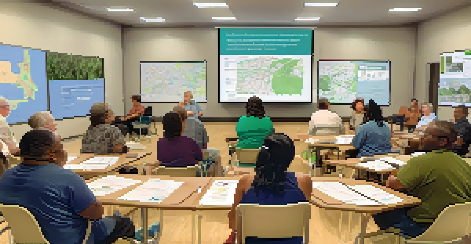 A community engagement meeting in Sacramento with diverse residents discussing transportation planning, featuring charts and maps in a well-lit room.