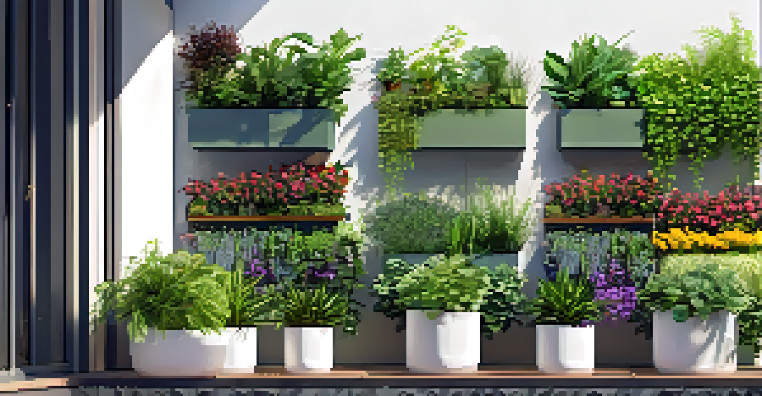 A lush vertical garden on a balcony, showcasing various plants in wall planters and trellises.