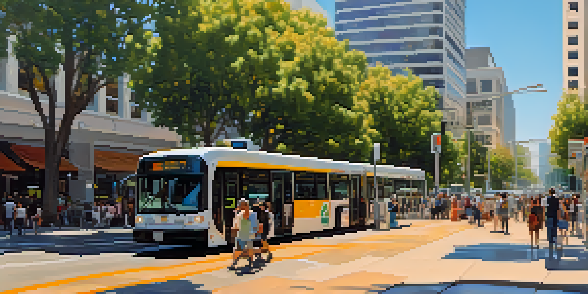 A lively Sacramento city street filled with public transport options and commuters, under warm afternoon sunlight.