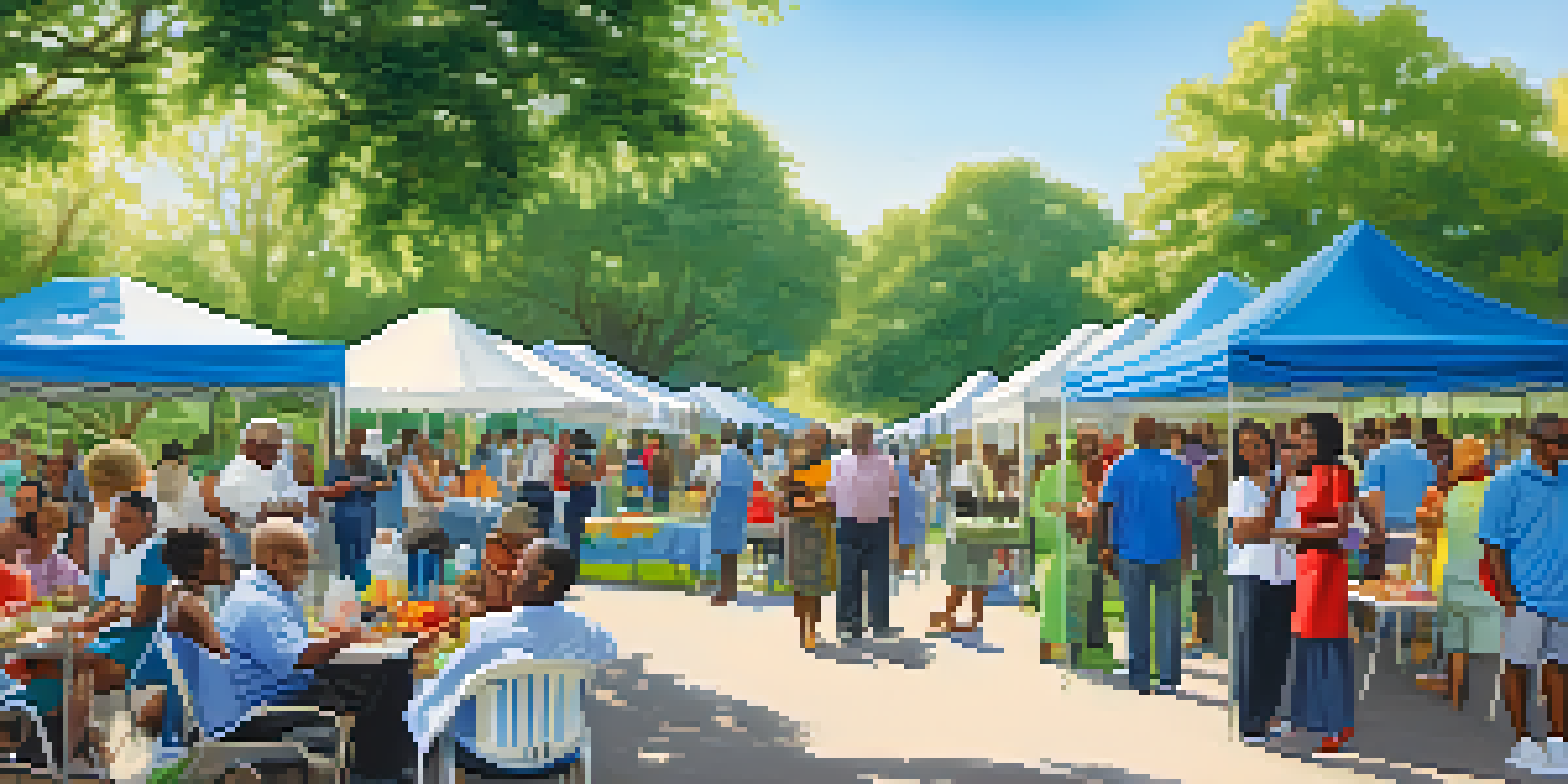 A health fair in a park with diverse community members, families, and healthcare providers interacting under a sunny sky.