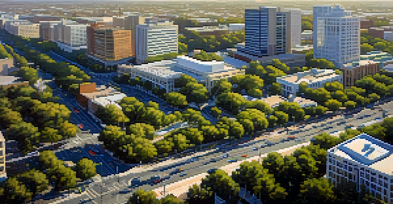 An aerial view of Sacramento showcasing bike lanes, public transport routes, and busy streets, surrounded by green parks.