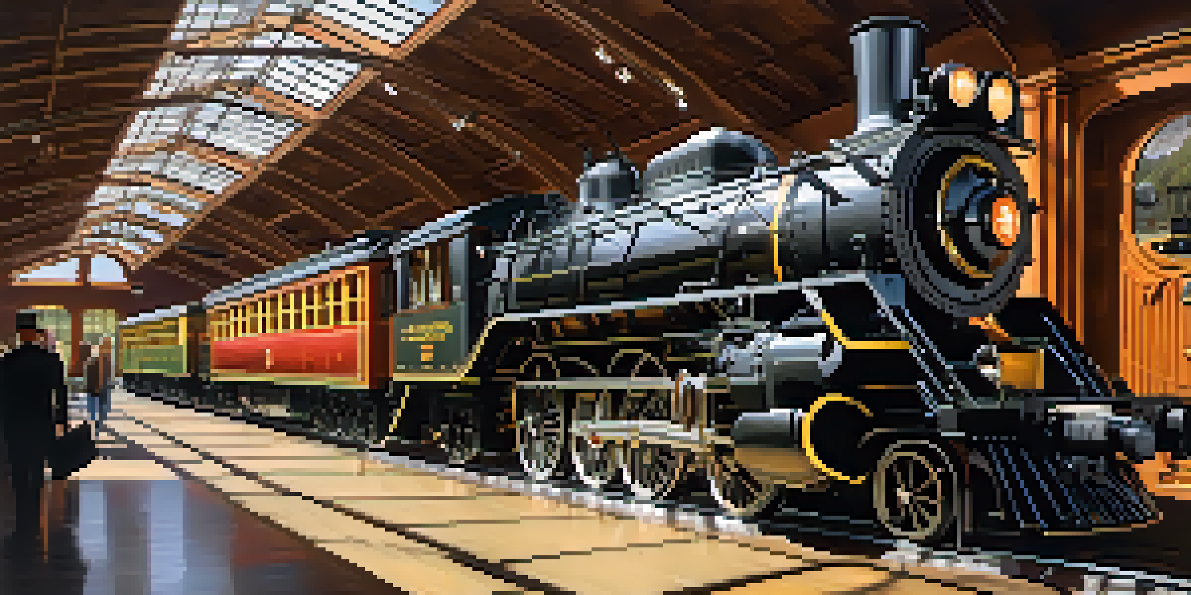 A bright and lively interior of the California State Railroad Museum, featuring vintage trains and engaged visitors.