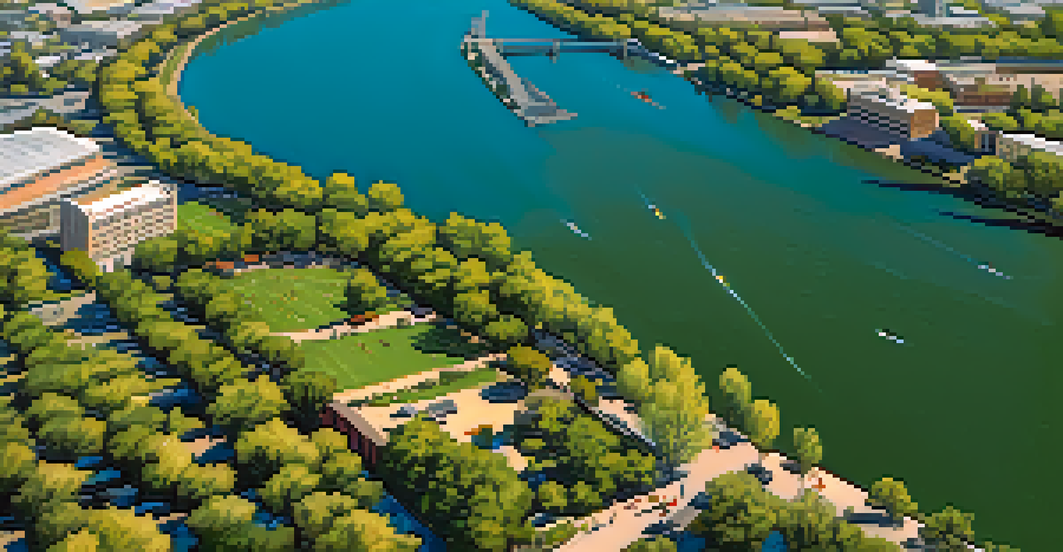 An aerial view of the confluence of the Sacramento and American Rivers, surrounded by green parks with people engaging in outdoor activities.