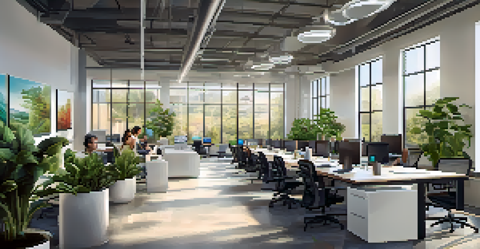 An office in Sacramento where employees are collaborating at a table, with laptops and a bright atmosphere from large windows.