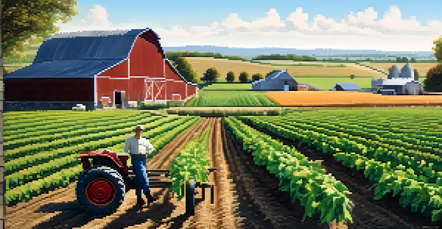 A farmer working in a lush field with crops and a barn in the background.