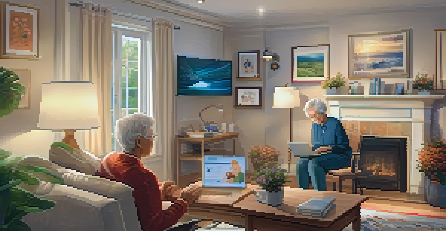 An elderly person having a telehealth consultation at home on a laptop, with a warm and inviting room setting.