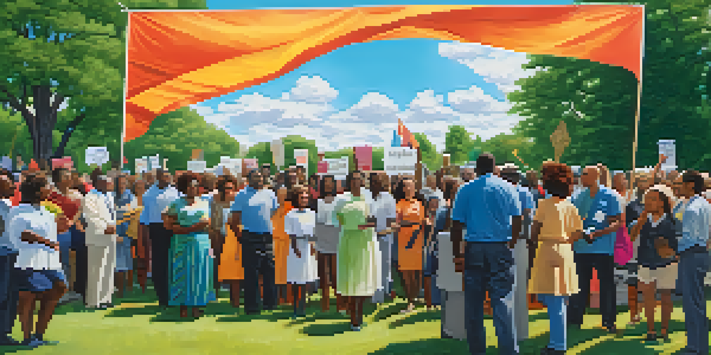 A lively community rally in a park with diverse individuals holding signs for civil rights, surrounded by trees and a clear blue sky.