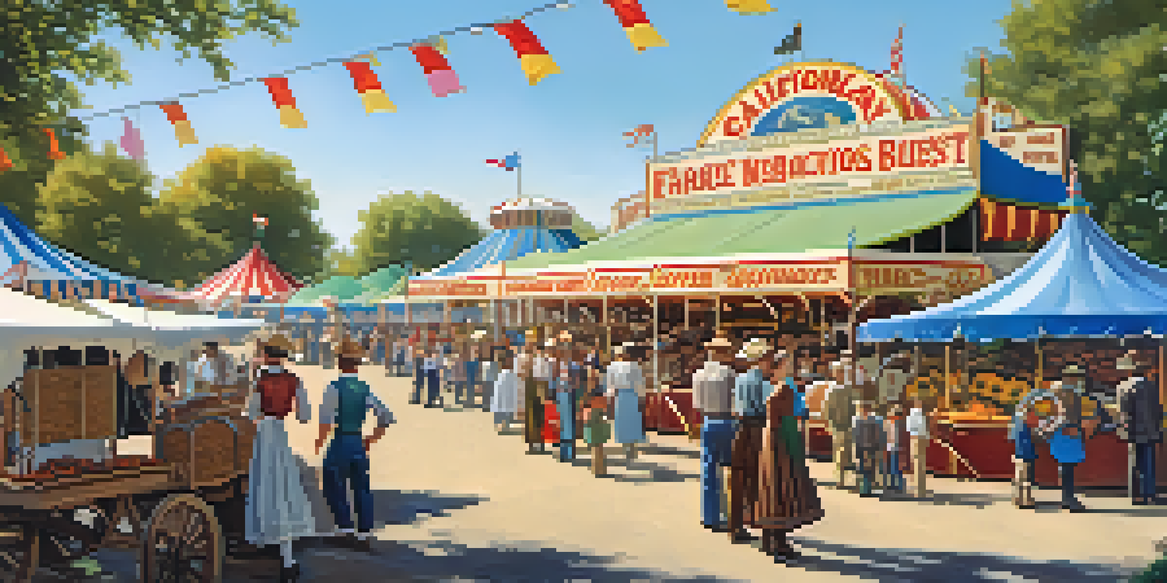 A historical depiction of the California State Fair in Sacramento during the 1850s, showing colorful tents, farmers with livestock, and lively visitors.