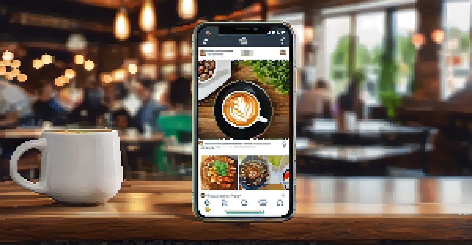 A close-up of a smartphone showing an Instagram feed of a local restaurant with colorful food photos and a rustic table in the background.