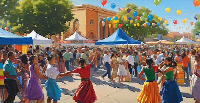 A lively community cultural festival in Sacramento with diverse people dancing, colorful decorations, and food stalls under a sunny sky.