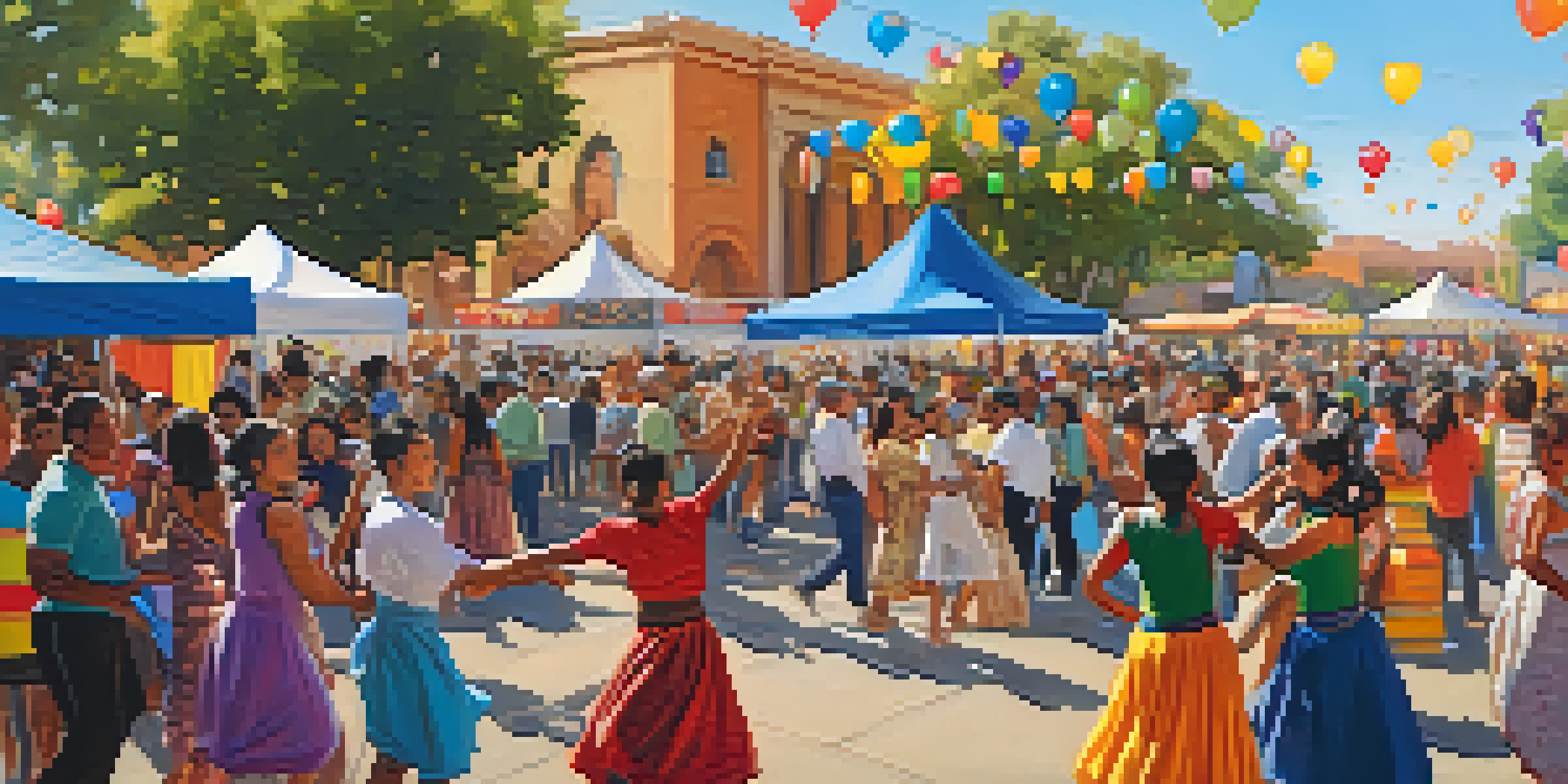 A lively community cultural festival in Sacramento with diverse people dancing, colorful decorations, and food stalls under a sunny sky.