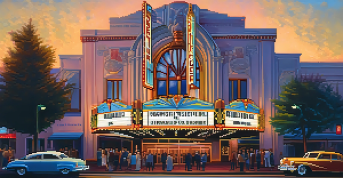 A beautifully lit view of the Crest Theatre in Sacramento, highlighting its Art Deco architecture and neon lights with people gathered outside.