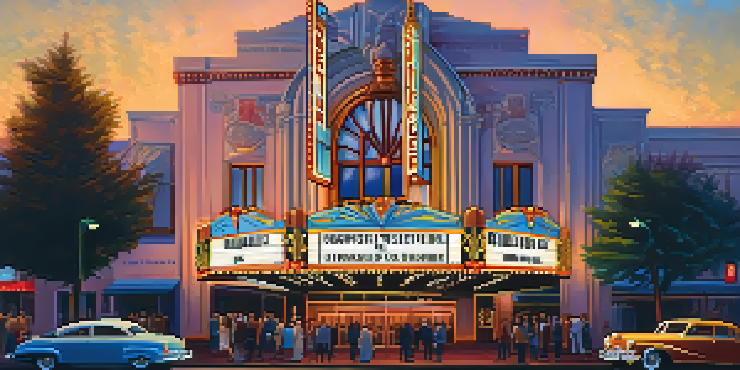 A beautifully lit view of the Crest Theatre in Sacramento, highlighting its Art Deco architecture and neon lights with people gathered outside.