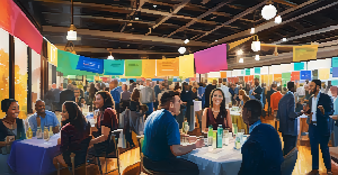 A lively networking event in Sacramento with entrepreneurs discussing and interacting at booths, creating a vibrant atmosphere.