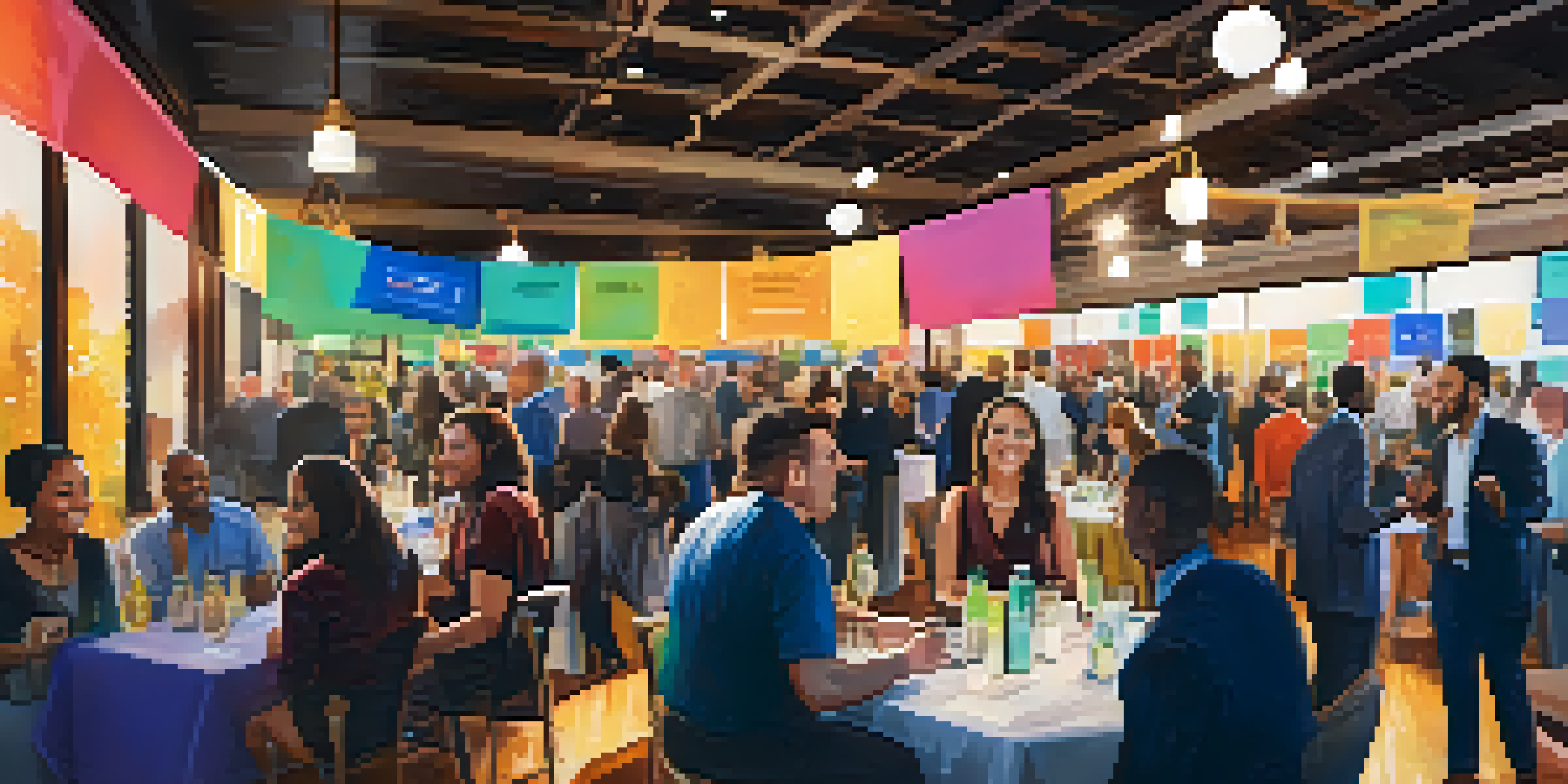 A lively networking event in Sacramento with entrepreneurs discussing and interacting at booths, creating a vibrant atmosphere.