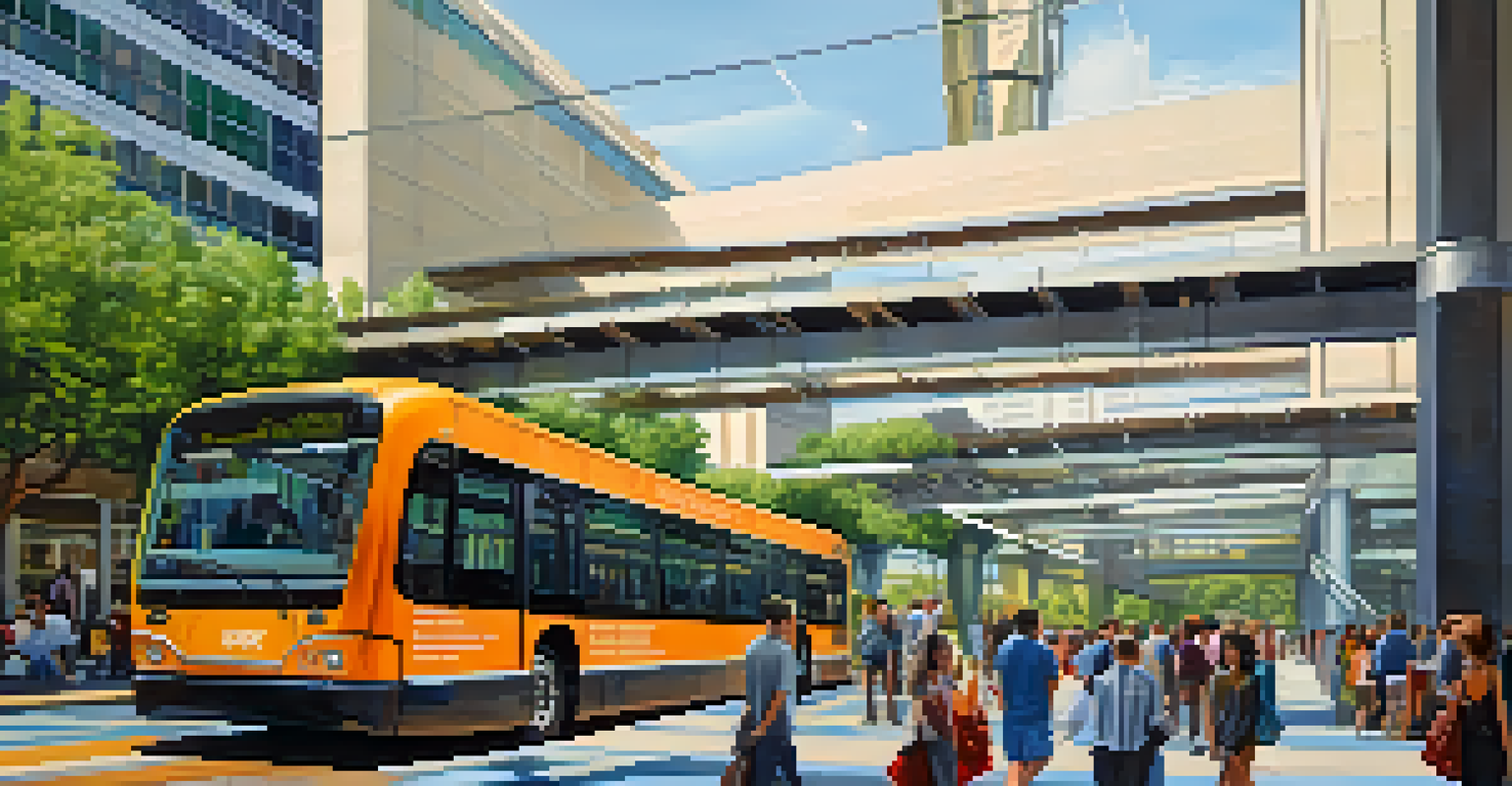 A busy transportation hub in Sacramento with electric buses, light rail, and green landscaping, showcasing modern eco-friendly transit.