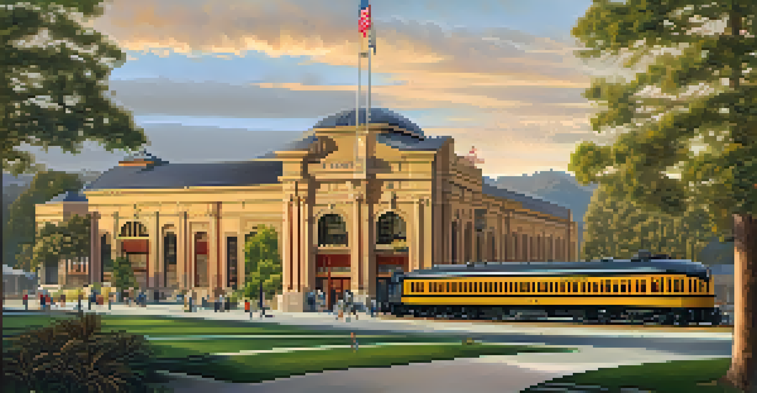 Exterior view of the California State Railroad Museum at sunset, with historic trains and visitors exploring the grounds.