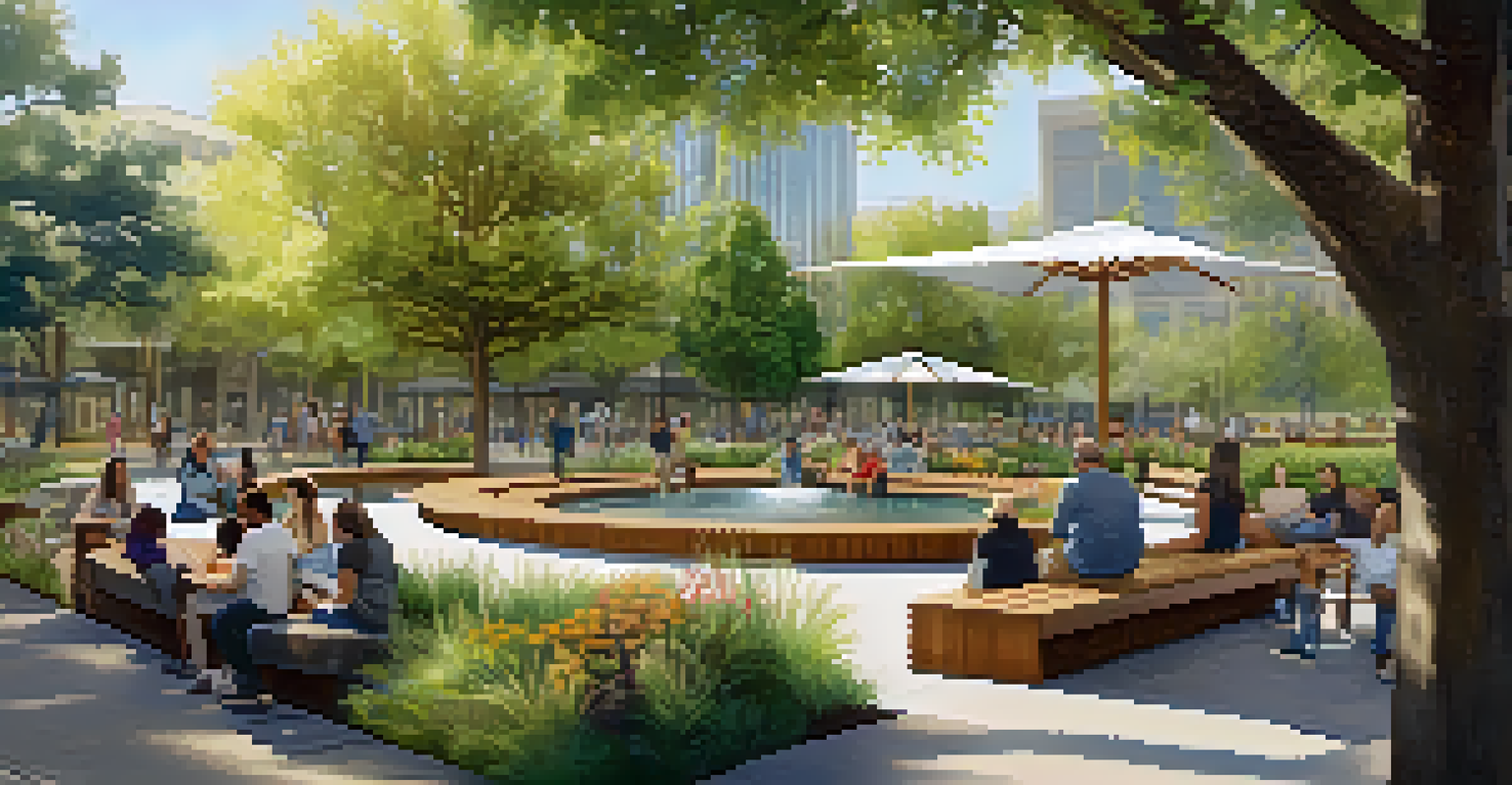 A vibrant urban park in Sacramento with a water feature, seating areas, and people enjoying the greenery and community gathering.