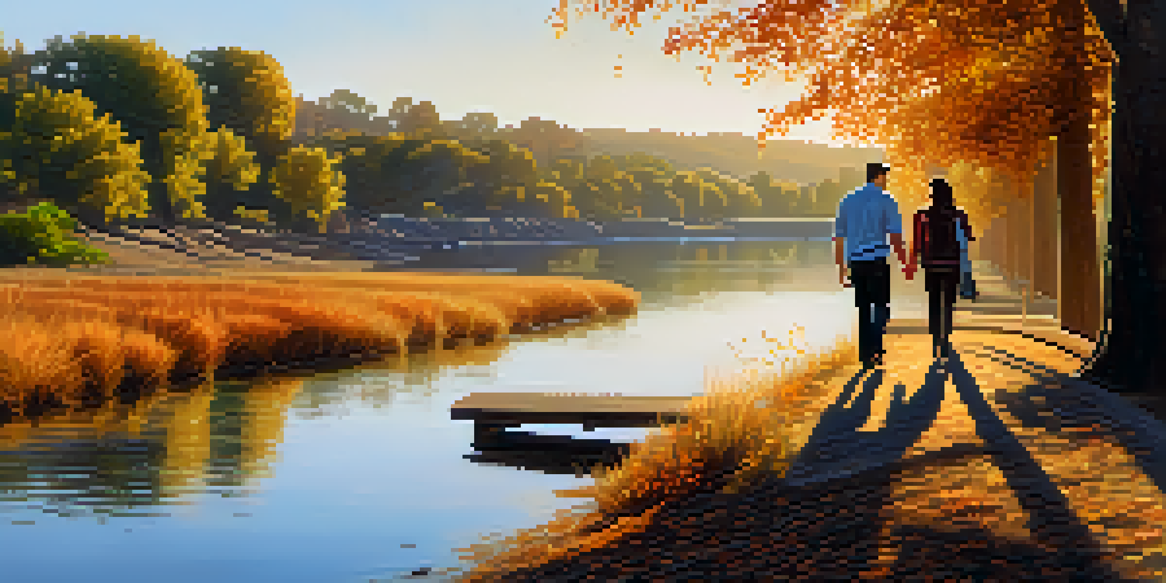 A couple walking along the American River in Sacramento during sunset, with colorful autumn leaves and soft warm light.