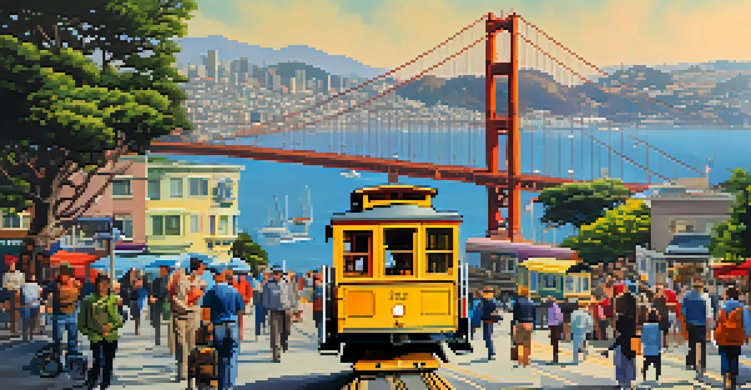 A lively San Francisco scene with the Golden Gate Bridge, people walking along the waterfront, and colorful sailboats.