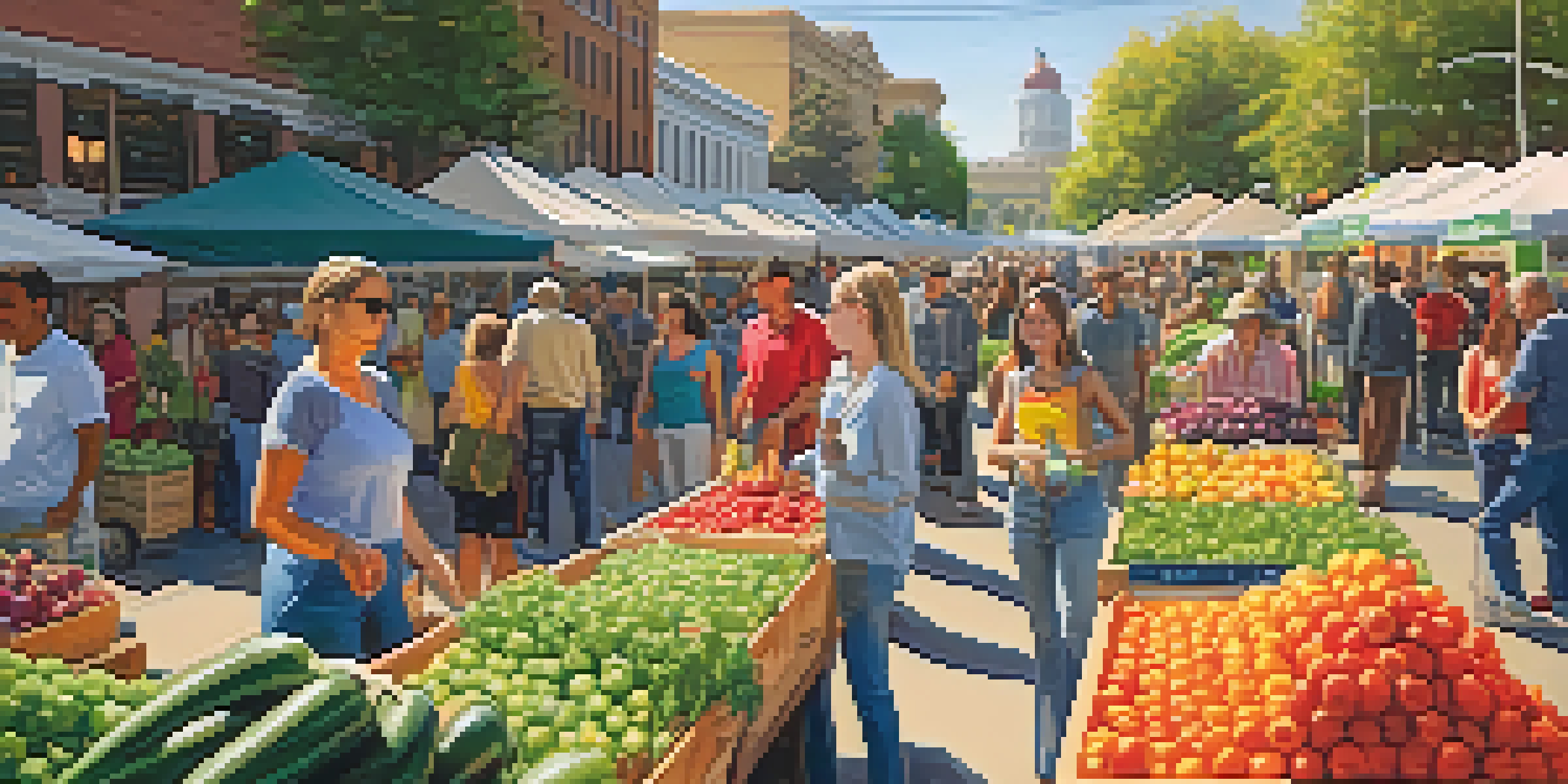 A lively farmers market in Sacramento with fresh produce and diverse vendors, showcasing community engagement.