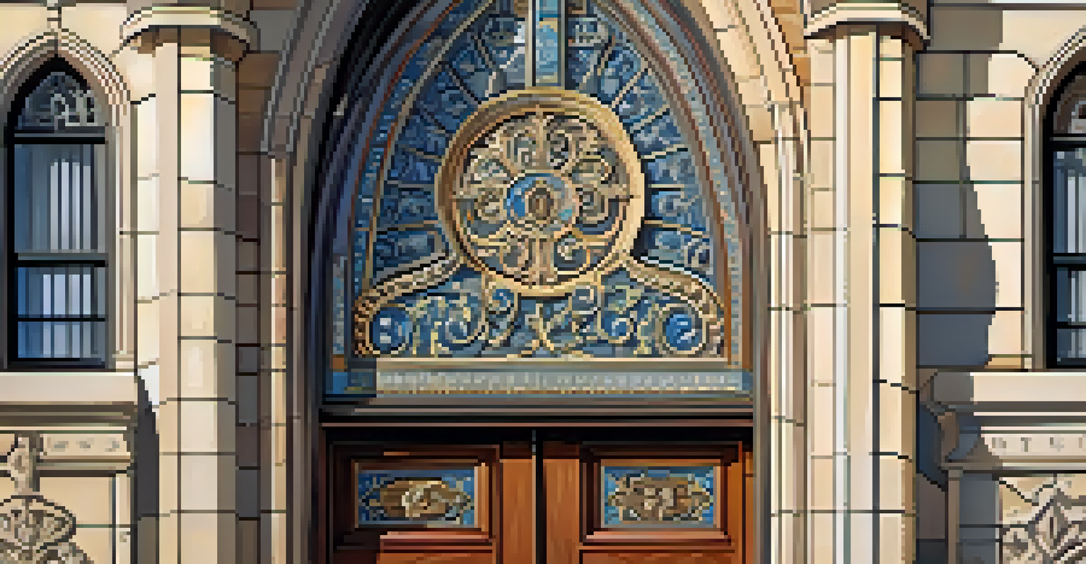 A close-up of the ornate facade of St. Paul's Episcopal Church, showcasing detailed stone carvings and the grand entrance illuminated by golden hour light.