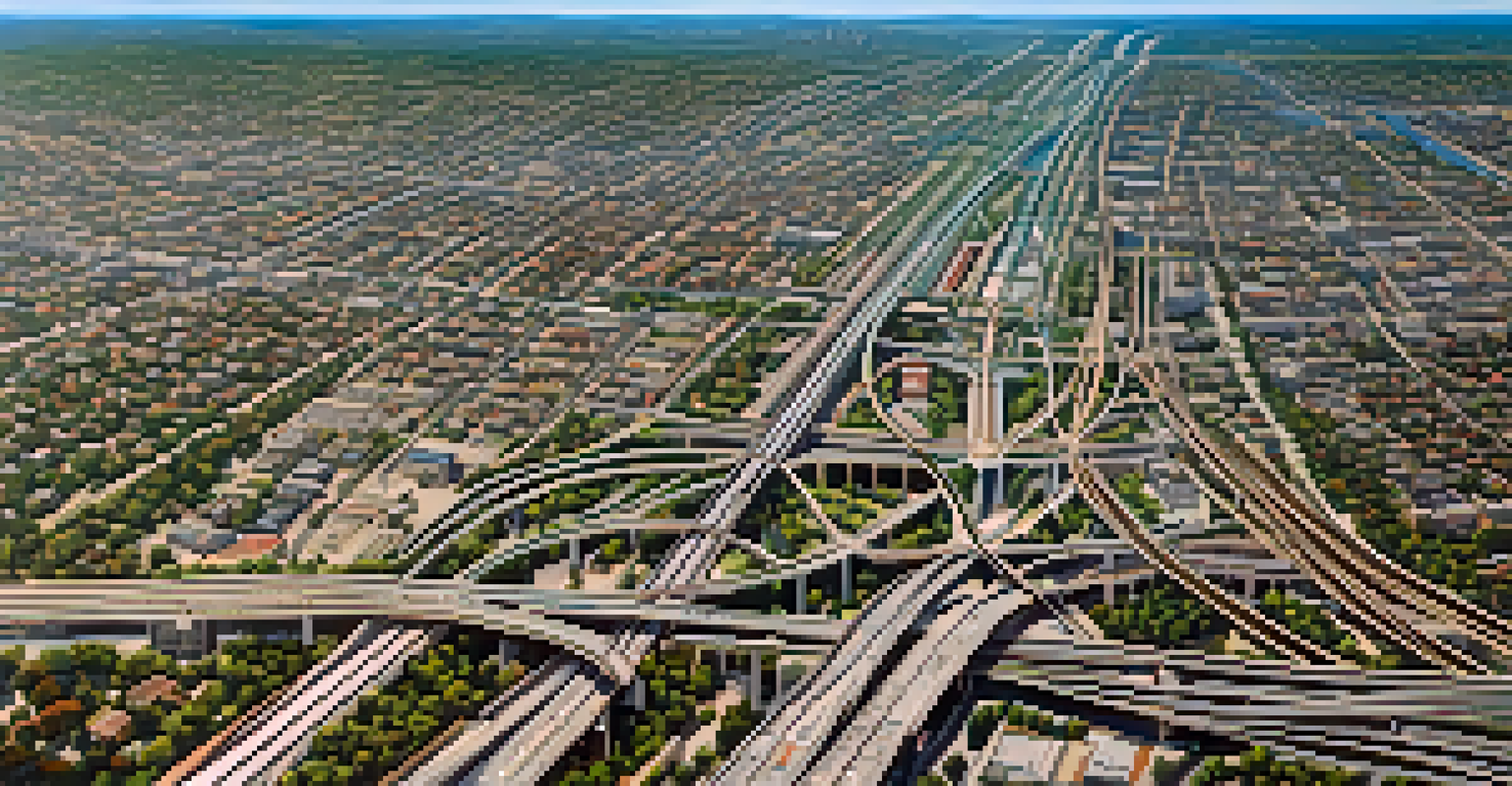 An aerial view of Sacramento highlighting the city's rail network interconnecting various urban areas.