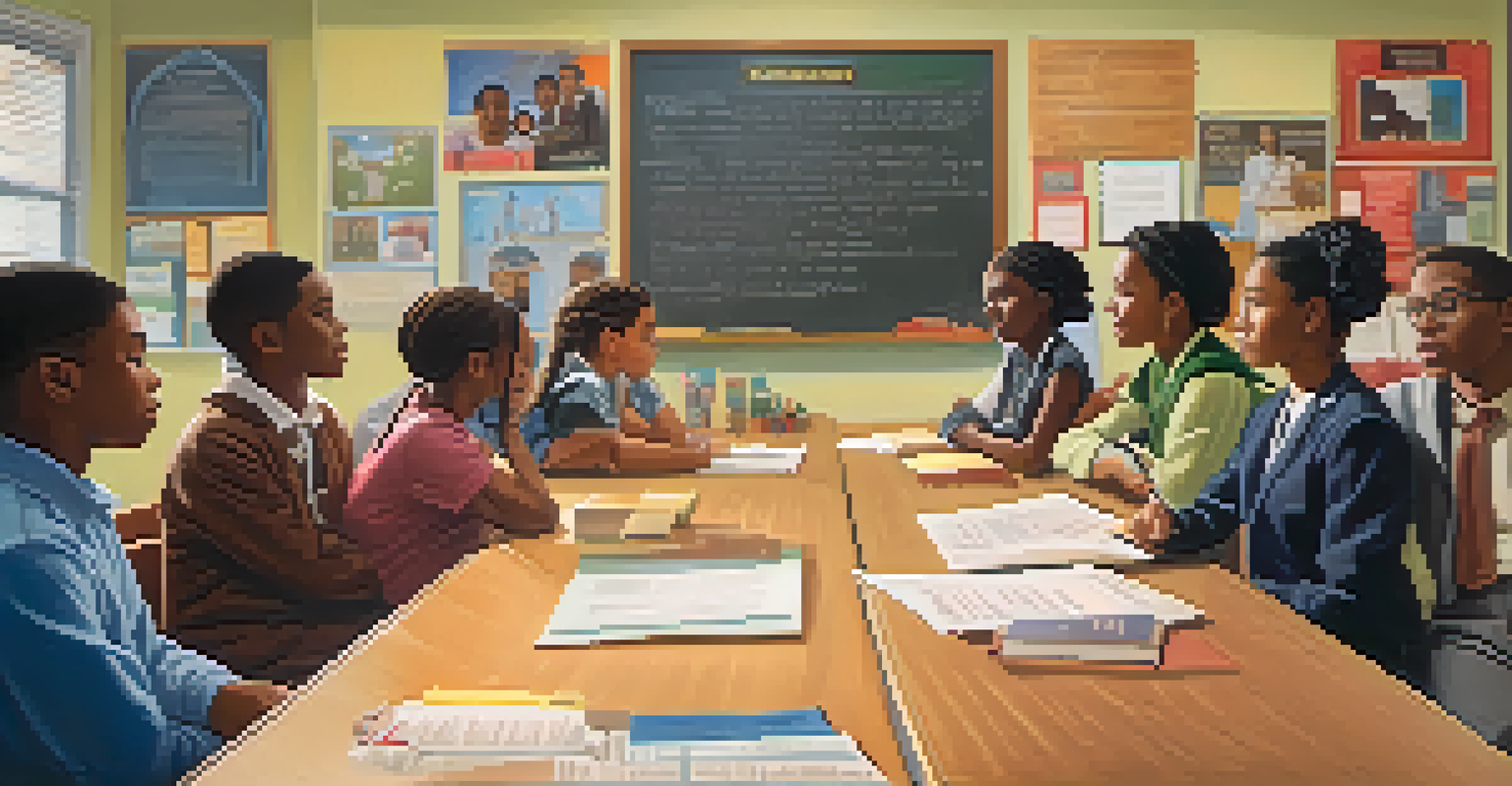 A diverse group of students in a classroom discussing civil rights, with educational posters on the walls and warm lighting.