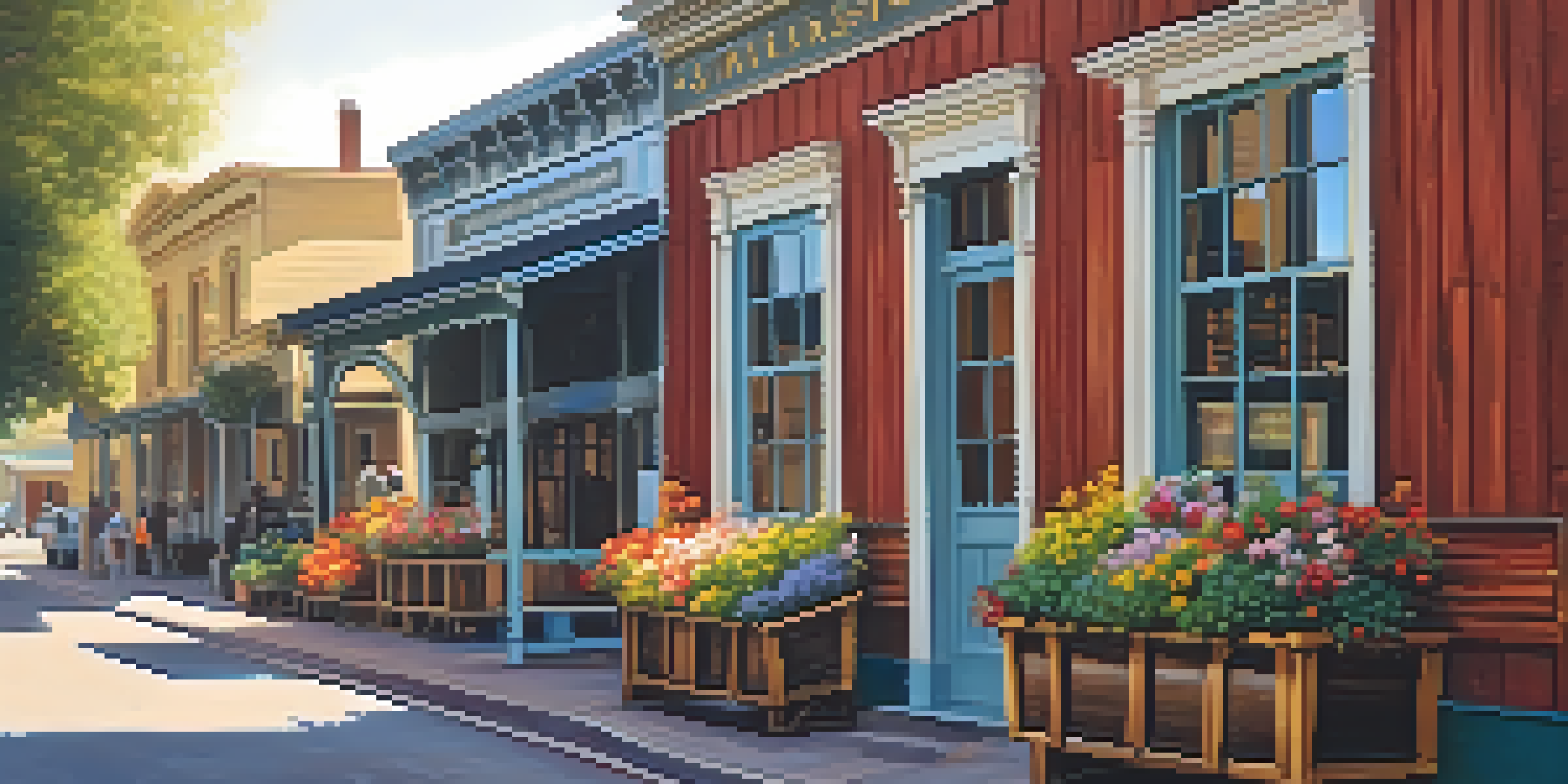 A scenic view of cobblestone streets in Old Sacramento, featuring historic buildings and vibrant flowers.