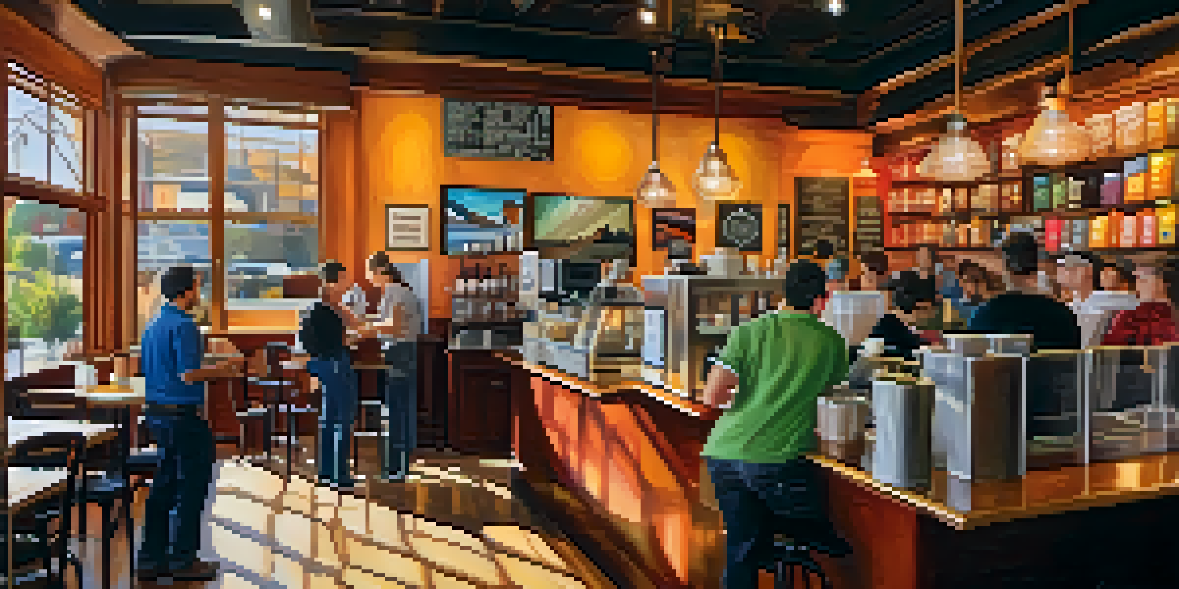 A lively coffee shop in Sacramento with customers chatting and a barista making coffee, featuring local art and a chalkboard menu.
