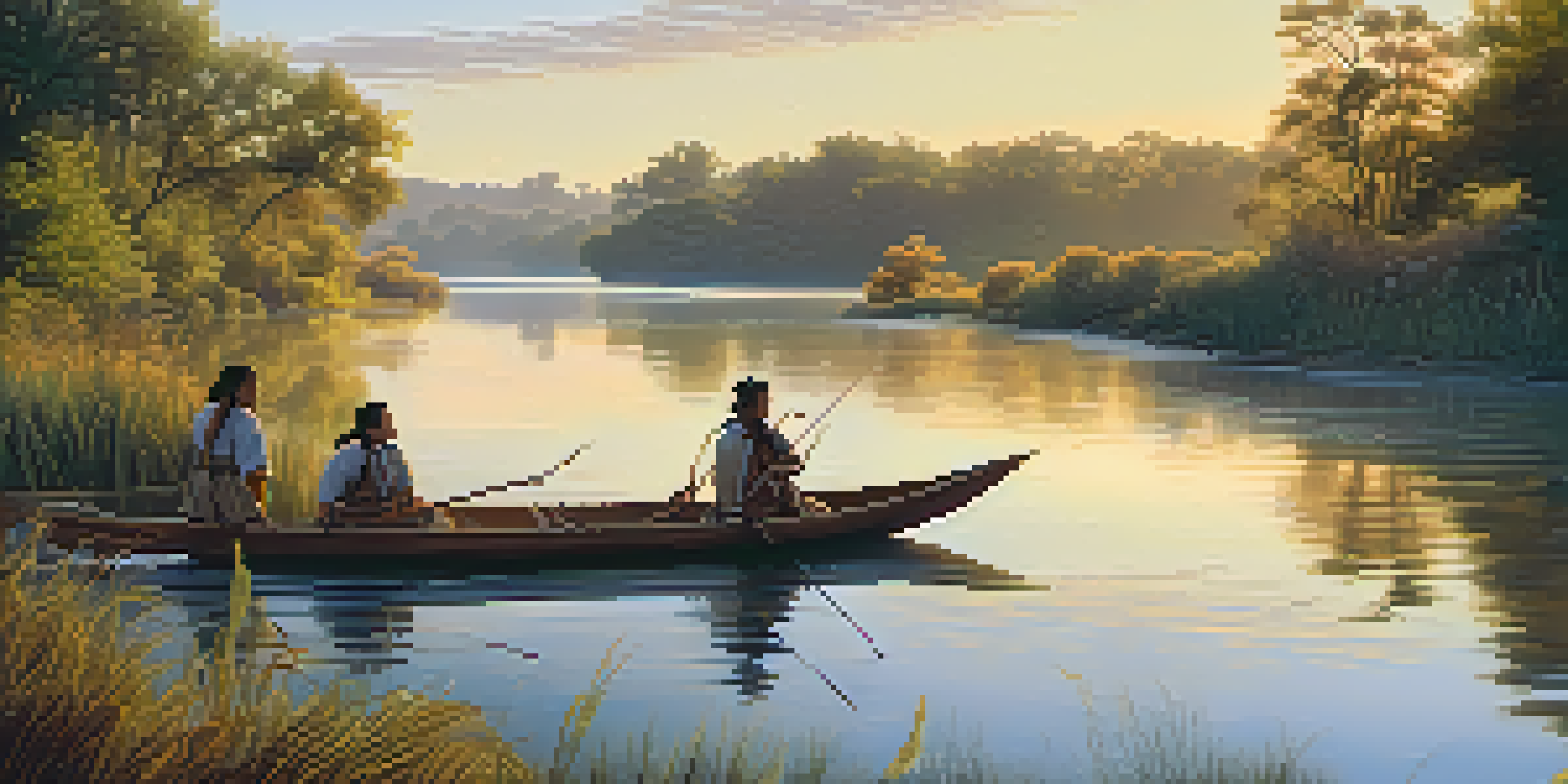 A peaceful riverside view showing Indigenous people fishing from canoes at sunrise, surrounded by lush greenery and wildlife.