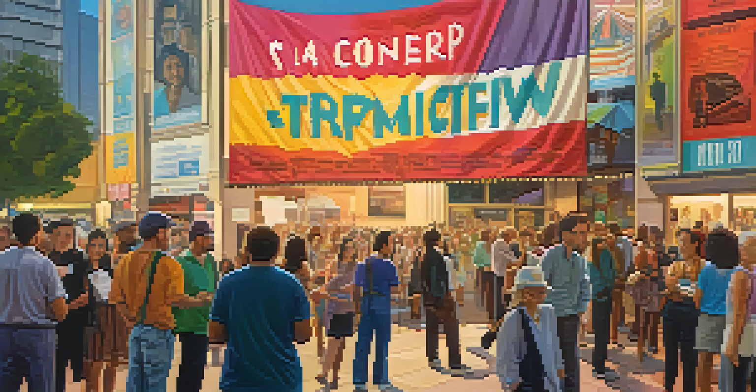 Filmmakers and attendees at the Sacramento International Film Festival, surrounded by colorful banners and film posters, in a lively atmosphere.