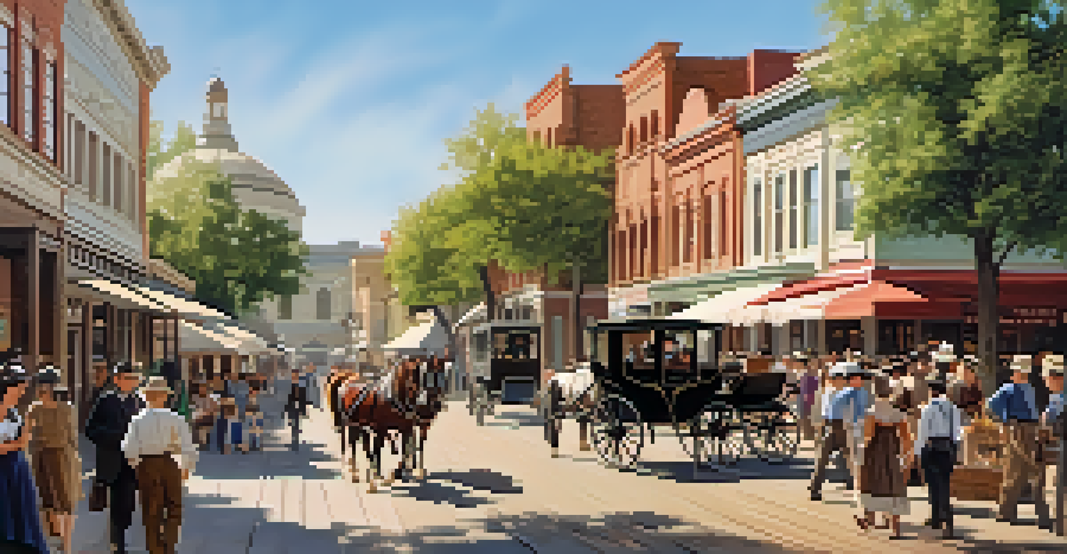 A vibrant street scene in Old Sacramento with wooden sidewalks, historic buildings, and people enjoying the area.