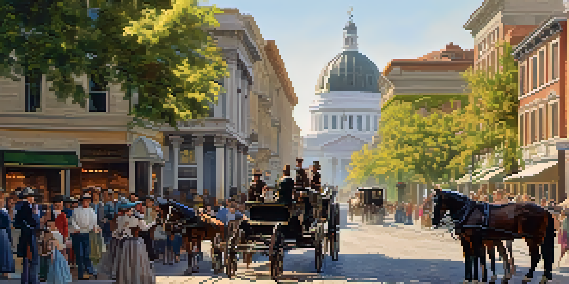 A historical view of a busy Sacramento street in the mid-19th century featuring horse-drawn carriages and Victorian architecture.