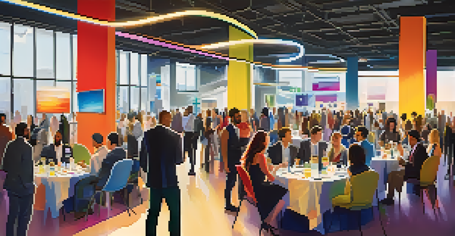 A networking event in Sacramento with people interacting and showcasing tech innovations.