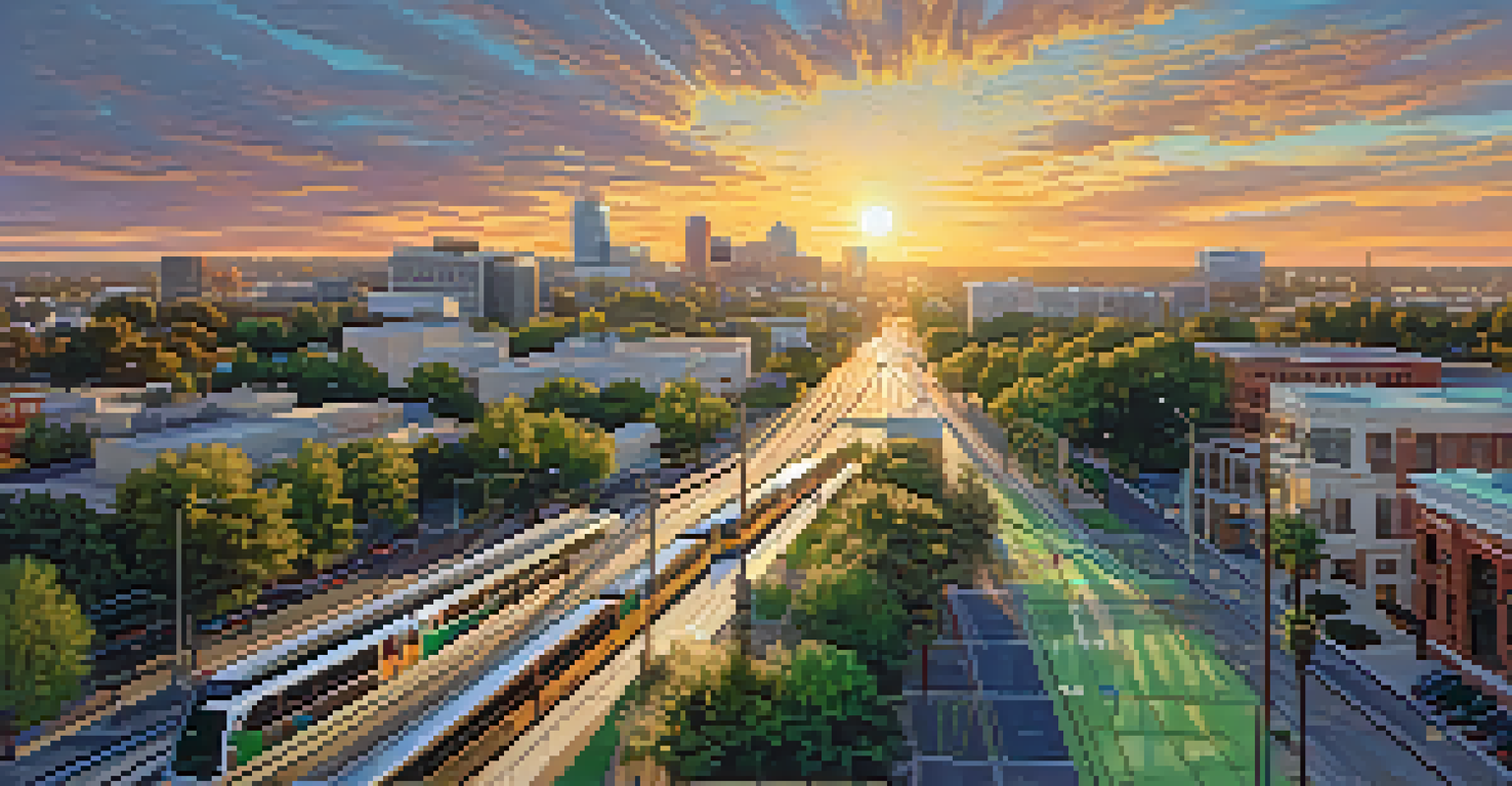 An aerial view of Sacramento showing the public transportation network with bus routes, light rails, and green spaces during sunset.