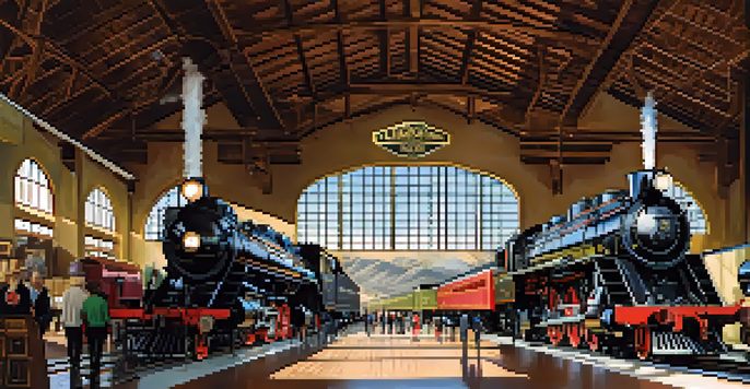 Visitors exploring the California State Railroad Museum with vintage steam locomotives and train cars on display.