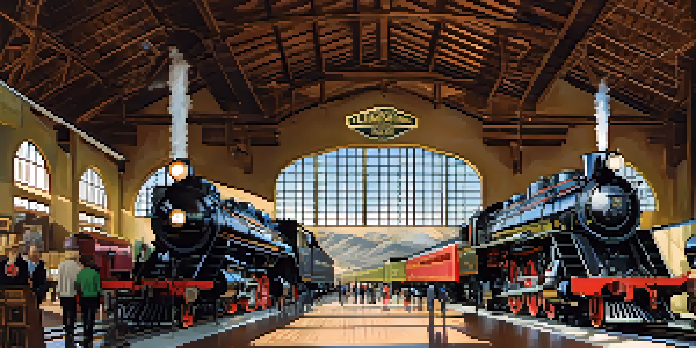 Visitors exploring the California State Railroad Museum with vintage steam locomotives and train cars on display.