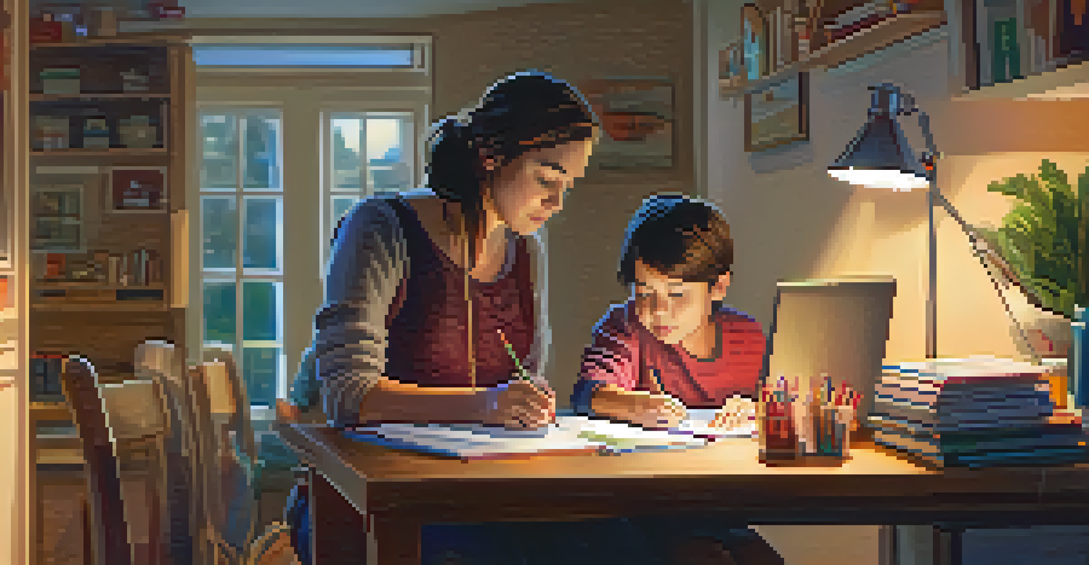 A mother and child working together on homework at a kitchen table, with a laptop open to an online learning platform and school supplies scattered around.