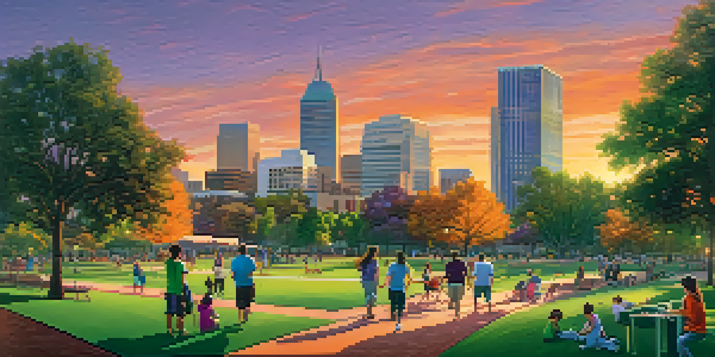 A sunset view of Sacramento showing skyscrapers and parks, with people enjoying the community space.