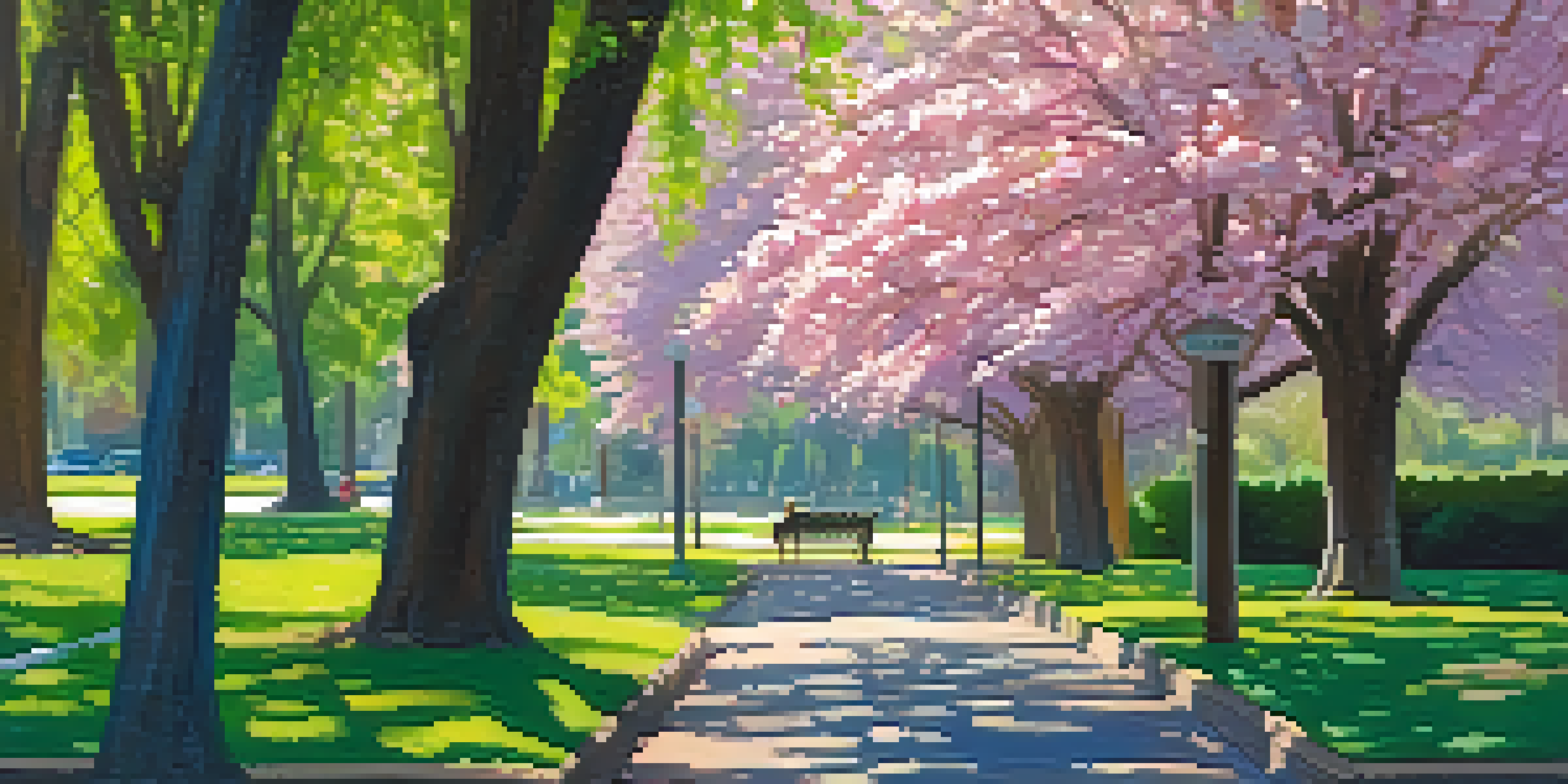 A peaceful park in Sacramento with a pathway surrounded by blooming flowers and tall trees, where a person is journaling on a bench under sunlight.