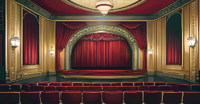 Interior view of an Art Deco theater with chandeliers, red velvet seats, and a stage set for a performance.