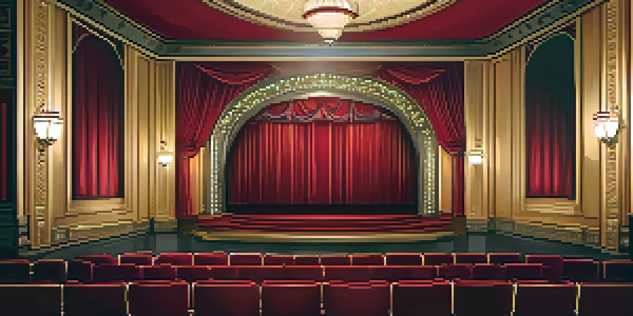 Interior view of an Art Deco theater with chandeliers, red velvet seats, and a stage set for a performance.